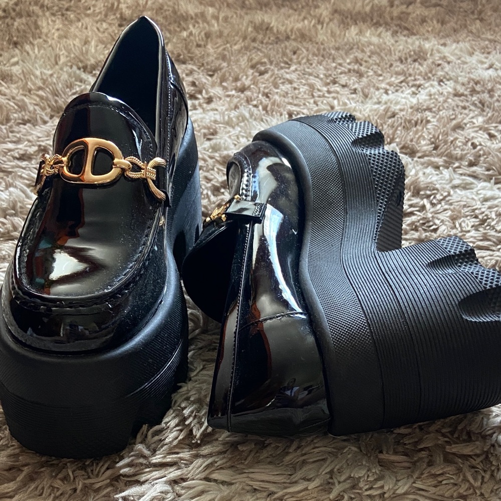 Black Platform Loafers with Gold Accent